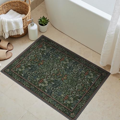 Bavni 2x3 Small Area Rug Machine Washable Non Slip, Vintage Floral Throw Rug, Low Pile Thin Lightweight Carpet for Entryway, Hallways, Kitchen and Bathroom, Dark Green - color: Dark Green, size: 2' x 3' (Rectangular)