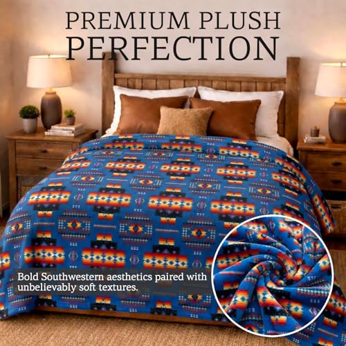 Sacred Thread Aztec Blanket Fleece, Reversible Native American Blanket, Western Throw, Native American Western (Blue Flannel), Queen (79”x95”) - color: Blue Flannel, size: Queen (79”x95”)