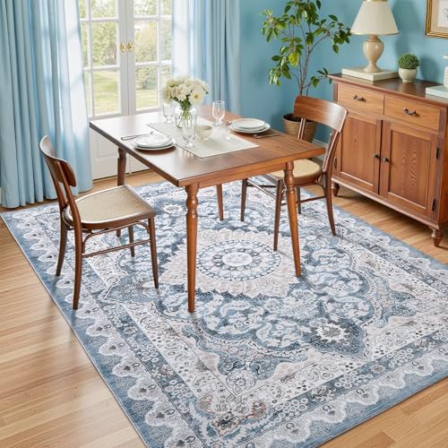 Macgace 3x5 Area Rug for Bedroom, Machine Washable Rugs with Non-Slip Backing for Living Room, Soft Vintage Carpet Kitchen Laundry Kids Room Decor, Blue & Beige - color: Blue & Beige, size: 3' x 5' (Rectangular)