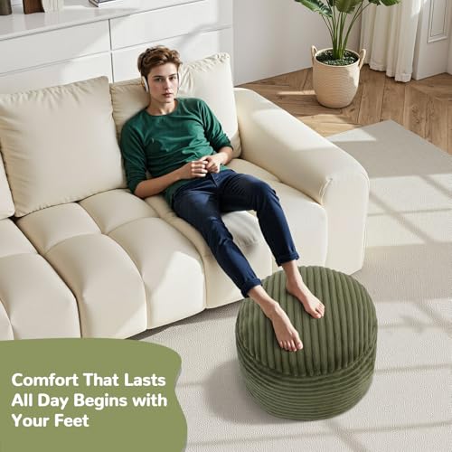 MeMoreCool Stuffed Round Pouf Ottoman Foot Rest, Soft Plush Floor Pouf Foot Stool, Corduray Footstool Footrest, Small Round Ottoman for Living Room Couch Sofa Chair, 20x15 Inch Green - color: Ribbed Green