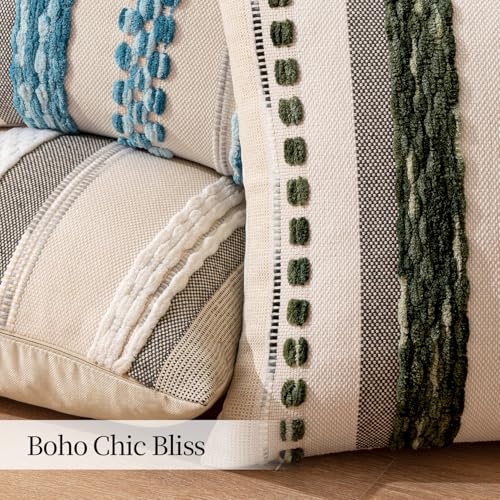 ANRODUO Pack of 2 Boho Decorative Throw Pillow Covers 20x20 Farmhouse Cushion Case Striped Chenille Pillow Cases Square Pillow Covers Accent Neutral Pillowcase for Sofa Couch Bed, Dark Green Stripe - color: Dark Green Stripe, size: 20" x 20" (Pack of 2)