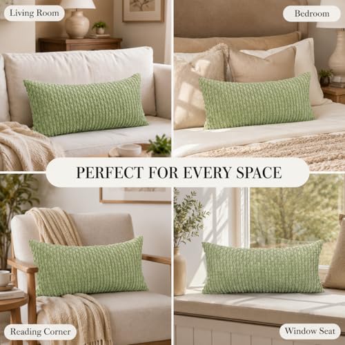JoraLion 12x24 Boho Decorative Lumbar Throw Pillow Cover, Sage Green Cozy Soft Striped Corduroy Long Rectangle Cushion Case Accent Home Decor for Sofa Bed Room Livingroom, ONLY Cover - color: Sage Green, size: 24" x 12" (Pack of 1)