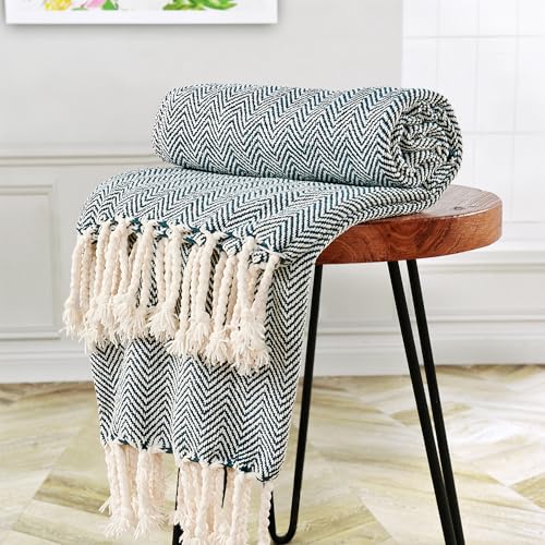 Herringbone Knitted Two Tone Throw Blankets with Braided Tassel Fringe, Boho Farmhouse Lightweight Turkish Throw Blanket for Couch Bed Sofa, Picnic, Yoga, Outdoor Blanket, 50 x 60 Inch, Dark Teal - color: Dark Teal
