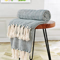 Herringbone Knitted Two Tone Throw Blankets with Braided Tassel Fringe, Boho Farmhouse Lightweight Turkish Throw Blanket for Couch Bed Sofa, Picnic, Yoga, Outdoor Blanket, 50 x 60 Inch, Dark Teal - color: Dark Teal