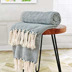 Herringbone Knitted Two Tone Throw Blankets with Braided Tassel Fringe, Boho Farmhouse Lightweight Turkish Throw Blanket for Couch Bed Sofa, Picnic, Yoga, Outdoor Blanket, 50 x 60 Inch, Dark Teal - color: Dark Teal