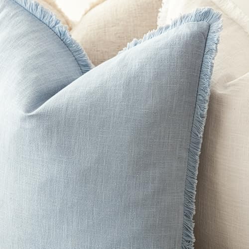 Foindtower Decorative Linen Fringe Throw Pillow Covers Cozy Boho Farmhouse Cushion Cover with Tassels Soft Accent Pillowcase for Chair Sofa Bed Living Room Home Decor, 16×16 Inch,1PC,Sky Blue - color: Sky, size: 16" x 16" (Pack of 1)