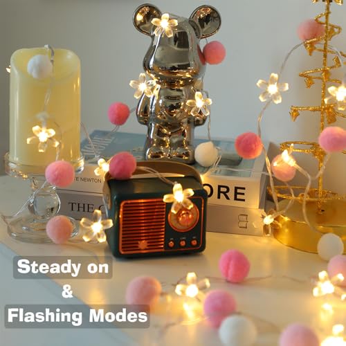 9.85Ft Fairy Lights 20 Cute Pink Pompoms 20 LEDs Cherry Blossom String Garland Battey Operated with Timer Flower Lights for Bedroom Kids Room Party Birthday Wedding Valentines Decoration - style: Pink-Cherry Blossom