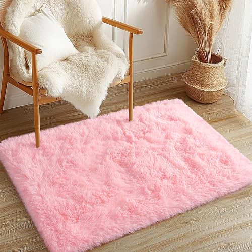 Awaytail 2x3 Fluffy Pink Area Rug - Soft Cute Shag Fuzzy Rug for Bedroom - Anti-Skid Living Room Girls Rug Pink Home Decor - color: Pink, size: 2' x 3' (Rectangular)