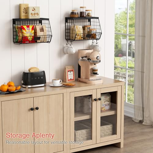 Goozii Black Kitchen Wall Hanging Storage Basket Set of 2, Rustic Stackable Kitchen Counter Fruit Organizer, Wire Baskets Container for Veggie, Garlic, Produce, Onion and Potato (Black Shelf) - color: Black + Black Wood