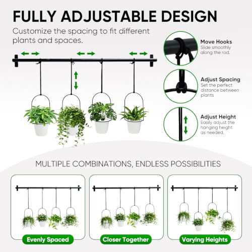 Hanging Planters for Indoor Plants with 4 Pots, Adjustable Window Plant Rod, Space-Saving Herb Garden Holder for Wall or Ceiling Mount (40in-4 Hanging basins)