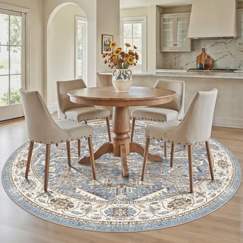 8x8 Round Area Rugs for Living Room-Washable Soft Large Vintage Rug Non-Slip Stain Resistant Traditional Stain Resistant Indoor Floor Low Pile Carpet for Bedroom Dining Room or Home Office- Blue - color: Blue, size: 8' x 8'