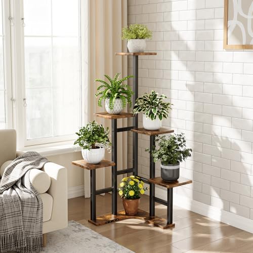 Yzosvki Corner Plant Stand Indoor, 6 Tiered Corner Plant Shelf Flower Stand for Multiple Plants, Plant Shelves Organizer Rack for Living Room, Balcony, Patio, Garden, Square Rustic Brown - color: Square-Rustic Brown, size: 6 Tier
