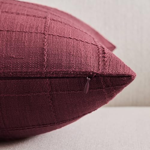 ZeeMart Linen Checked Throw Pillow Covers Set of 2, 18x18 Inch Allover Grid Burgundy, Farmhouse Decorative Double Sided Grid Embroidered Couch Pillow Cases Red Cotton Linen Cushion Covers - color: Allover Grid Burgundy, size: 18" x 18" (Pack of 2)