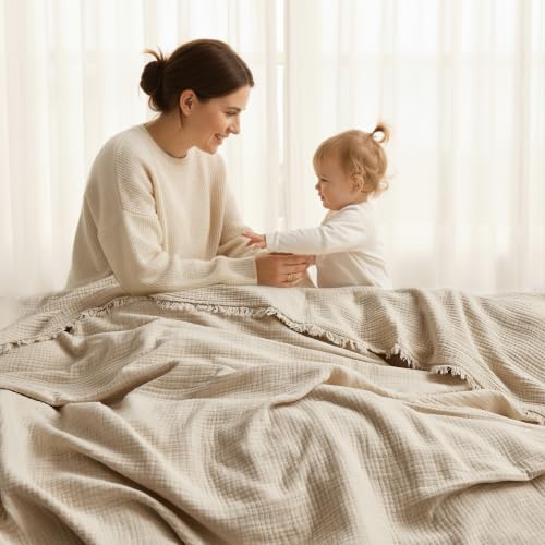 WDCOZY Muslin Throw Blanket 100% Cotton Blankets 4-Layer Breathable Lightweight Soft for Couch Boho Farmhouse Linen Tassels Ruffle Gauze Blankets All Season for Adults 50x60 Inches Beige Tan Neutral - color: Beige, size: Throw (50"x60")
