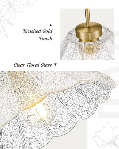 Modern Pendant Light Fixtures, HWH Pendant Lights for Island Dining Room Hallway, Bedroom, Gold Hanging Lighting with Clear Floral Glass, Brushed Gold Finish, 5HJX110MIL BG - color: Gold