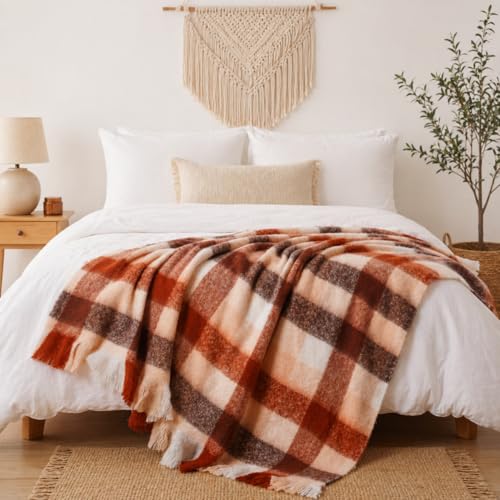 BATTILO Rust Plaid Throw Blanket for Couch Bed, Soft Mohair Tartan Plaid Blanket, Farmhouse Style Checkered Pattern, Fall Throw Blankets for Home Decor(50"x60") - color: Rust Plaid Checkered