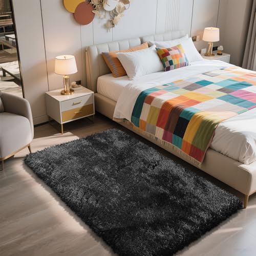 Shag Area Rug for Bedroom 3x5,Black Fluffy Area Rugs for Living Room,Soft Fuzzy Rug Non-Shedding Indoor Plush Carpet for Bedroom Dorm Home Decor - color: Black, size: 3' x 5' (Rectangular)