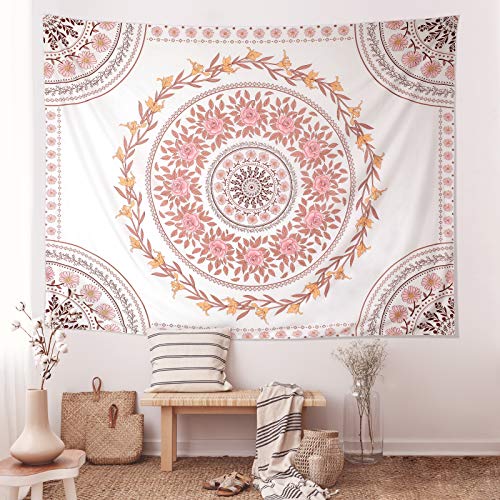 Wall Tapestry for Bedroom Aesthetic Pink Mandala Wall Hanging Large Boho Trippy Tapestries Bohemian Art Tapistry Hippie Floral Tapastry Decor For Bedroom Ceiling Living Room Dorm (60ʺ × 60ʺ) - color: Boho Tapestry-White, size: 60"L x 60"W