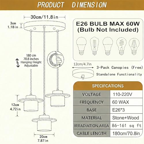 Wabi Sabi Pendant Light, Japandi Ring Light Fixture, Modern Farmhouse Travertine Chandelier Pendant Lighting - Yellow Stone & Walnut Wood (Walnut 3-Light,7.9IN-C) - color: Walnut 3-Light, size: 7.9IN-C