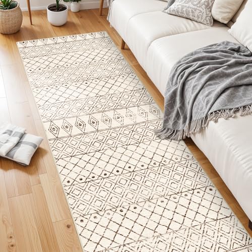 2'6"x8' Washable Hallway Runner Rug - Moroccan Kitchen Non Slip Rug Low Pile Floor Carpet with Rubber Backing Vintage Indoor Mats for Living Room Bedroom Laundry 2'6"x8' Geo Beige - color: Geo Beige, size: 2'6" x 8' (Rectangular)