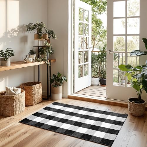 joybest Buffalo Plaid Doormats Rug 27.5 x 43 Inches Black and White Checkered Rug Cotton Hand-Woven Front Doormat Outdoor or Indoor Rugs for Front Porch, Farmhouse, Entryway - size: 2'4" x 3'7" (Rectangular)