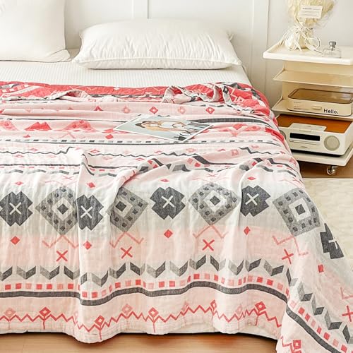 MEJU Boho Indian Pink Gray Stripes Checks Muslin All Season Reversible Blanket for Bed Sofa Couch 100% Combed Cotton Soft Warm Bedspread Throw Blanket Bed Coverlet Full Queen 80 in x 90 in - color: Boho Pink, size: F/Q 80 in x 90 in