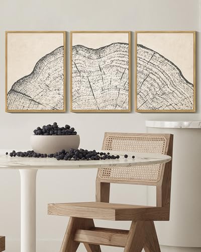 PHOPAGO Farmhouse Vintage Framed Wall Art Set Gray Wood Tree Ring Spirals Nature Abstract Drawings Rustic Modern Art Decor for Living Room Bedroom - 11x14in Natural Framed - color: Vintage Tree Ring, size: 11" x 14" x 3 Pcs Natural