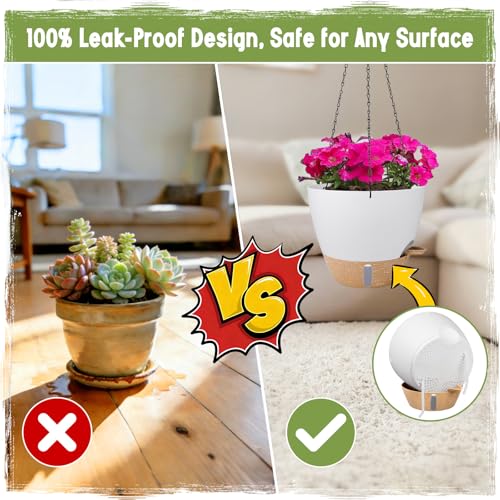 Self-Watering Hanging Planters with Water Level Window, 8/10 Inch Indoor Outdoor Hanging Plant Pots Includes Chain Hangers with Drainage Holes & Detachable Reservoir (White, 8+10 inch) - color: White