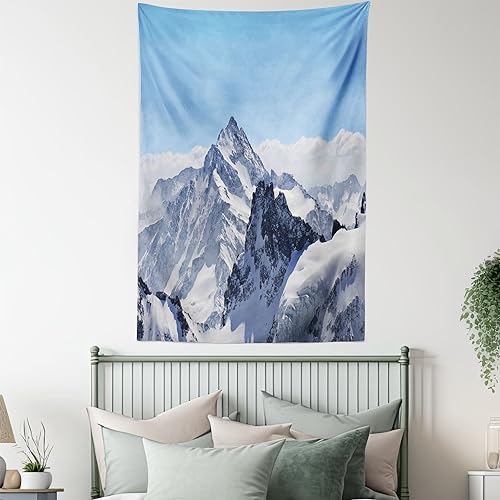 Ambesonne Winter Tapestry, Snowy Rocky Mountain Peaks Tops Scene High Lands ICY Frozen Swiss Outdoor Art, Wall Hanging for Bedroom Living Room Dorm Decor, 60" X 80", Blue and White - color: Blue and White, size: 80"L x 60"W