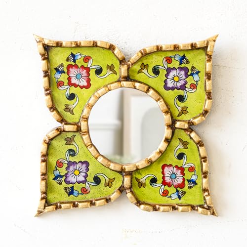 Peruvian Wall Mirror Lime Green Hand Painted Glass Diamond | Handmade decorative mirror, bronze leaf finish, unique artisan wall art, luxury home accents, square or diamond dual display - color: Green