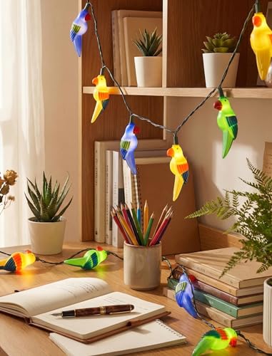 8.5Ft Parrot Outdoor String Lights, LED Tropical Themed Patio Lights with 10 Multicolor Birds Lights, Plug in Hanging Fairy String Lights for Backyard Summer Camp Window Decor Gift - color: Multicolor Parrot