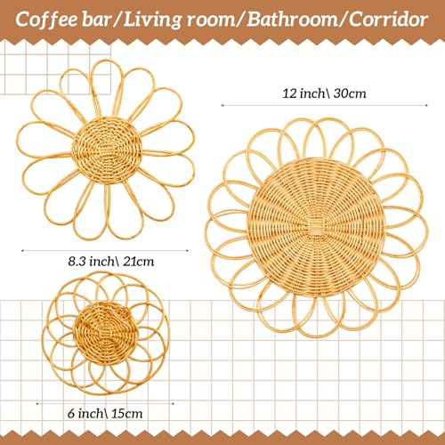 Weysat Sunflower Boho Wicker Wall Decor Baskets Set of 3, 11.81 Inch Round Macrame Wall Hanging, Rattan Rustic Art Country Style for Bathroom Living Room Garden Office Nursery Decor