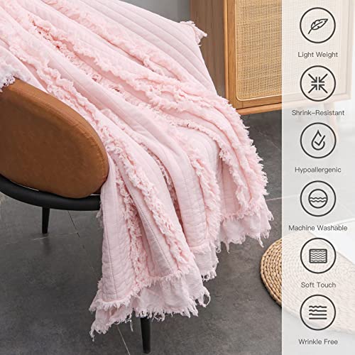 Ultra Soft Pre-Washed Quilted Throw Blanket, Ruffle Fringed Pink Boho Decorative Throw, Stone Washed Chic Rustic Blanket for Sofa Couch Bed Chair, 50"x 60" - color: Baby Pink, size: 50"x60"
