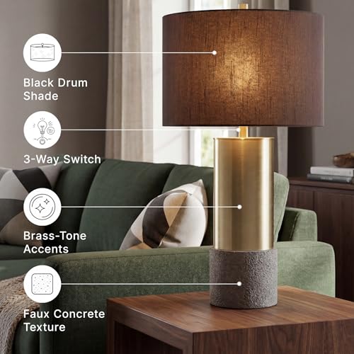 Signature Design by Ashley Jacek Contemporary Table Lamp, 2 Count, 3 Way Switch, Metal, Poly Resin and Drum Shade, 15" W x 15" D x 27.25" H, Gray & Brass Finish - color: Gold