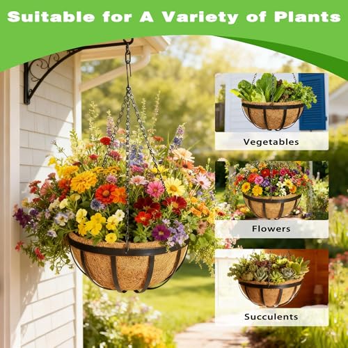 2 Pack 12 Inch Black Metal Hanging Basket Hanging Planter with Coco Coir Liner Heavy Duty Hanging Flower Pot Holder for Indoor Outdoor Patio Garden Porch Balcony Decor (Flat Iron) - color: Flat Iron