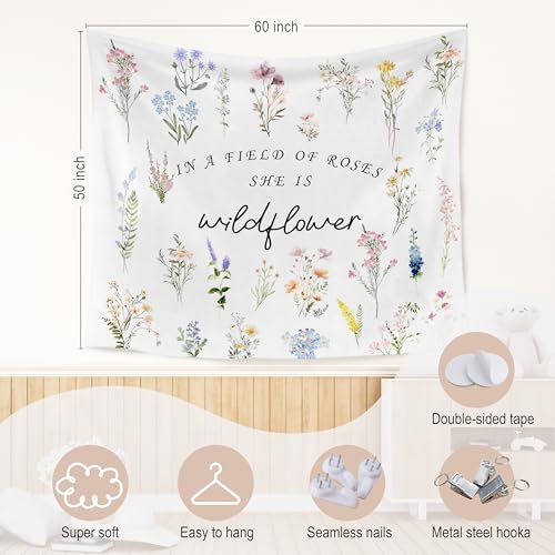 WARDOS Boho Floral Tapestry, in a Field of Roses She Is a Wildflower Tapestry Wall Hanging, Boho Wildflower Wall Blanket Decor for Baby Girls Room Toddler Nursery Bedroom, 50x60 Inch - color: flower one
