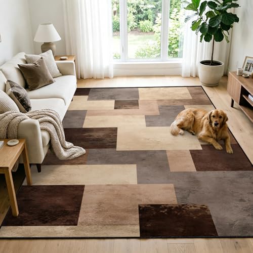 Modern Abstract Geometric Area Rug 2x3ft Brown Beige Gray Patchwork Rugs, Vintage Minimalist Rugs Washable Low-Pile Rug for Living Room Bedroom Modern Farmhouse Decor - color: Abstract Geometric, size: 2' x 3' (Rectangular)