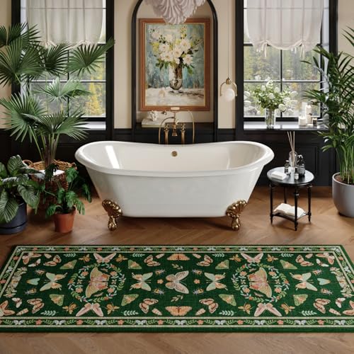 Unirea 2x6 Dark Green Runner Rug, Washable Non Slip Insect Botanical Rug for Hallway, Kitchen, Bathroom, Laundry Room, Entryway, Bedroom, Soft Boho Door Mat Indoor Entrance Bug Rugs, Low Pile Carpet - color: Dark Green, size: 2'x6'