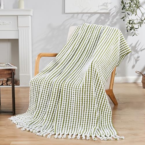 Striped Knit Throw Blanket with Braided Tassels 50" x 60", Hand Knitted Soft Chunky Chain Design Boho Farmhouse Blanket, Two Tone Tassel Decor Throw for Couch Bed Sofa Outdoor, Olive White - color: Olive White