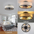 20" Caged Ceiling Fan With Light Low Profile Fabric Farmhouse Bladeless Ceiling fan With Remote Control,Low Profile Modern Enclosed Ceiling Fans with Reversible Motor for Bedroom,Include 4 Bulbs - color: Brown