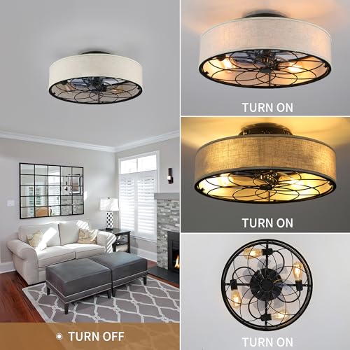 20" Caged Ceiling Fan With Light Low Profile Fabric Farmhouse Bladeless Ceiling fan With Remote Control,Low Profile Modern Enclosed Ceiling Fans with Reversible Motor for Bedroom,Include 4 Bulbs - color: Brown
