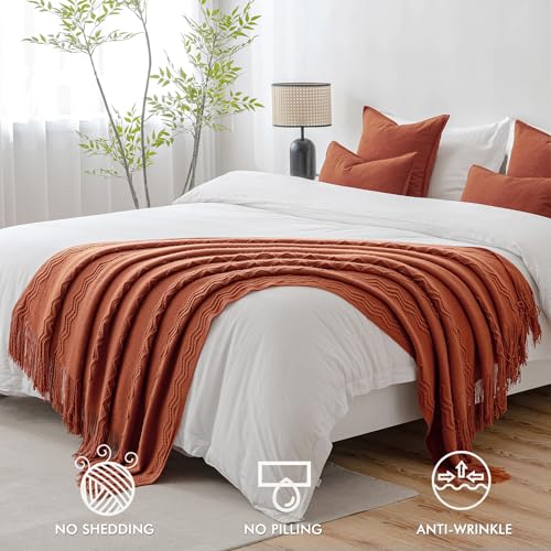 MIULEE Rust Knitted Throw Blanket for Couch Terracotta Boho Textured Cozy Woven Rustic Blanket with Tassels for Sofa Chair Bed Living Room Farmhouse Decor Acrylic Wave Pattern 50"x60" - color: Rust, size: 50" x 60"