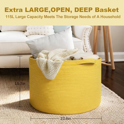 MEGASKET Extra Large 115L Yellow Basket, 23.6" x15.7 Cotton Rope Yellow Decor for Living Room Bedroom, Woven Basket for Blanket, Laundry, Towel, Shoe, Kids Toy Box Organizer, Room Decor Storage Bin - color: Yellow, size: 23.6"x23.6"x15.7"
