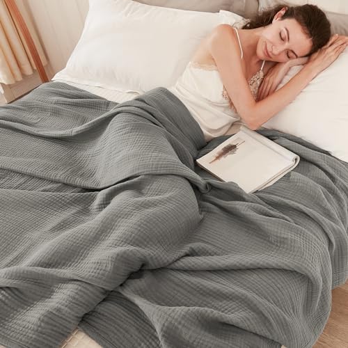 EMME Cotton Blanket Muslin Throw Blanket for Couch 4-Layer Breathable Gauze Blanket All Season Soft and Lightweight Muslin Blankets for Adults (Grey, 50"x71") - color: 06 - Grey, size: Throw XL (50" x 71")