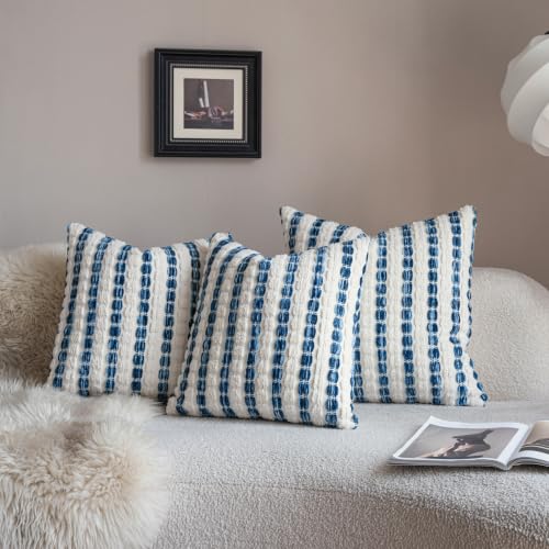 Caflife Boho Throw Pillow Covers 18x18 Inch Set of 2, Farmhouse Blue Striped Textured Chenille Decorative Couch Pillow Cases, Rustic Accent Cushion Covers for Sofa Bed Living Room Bedroom - color: Blue, size: 18" x 18" (Pack of 2)