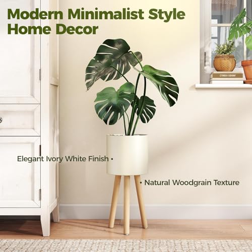 Bamworld Single Plant Holder for Indoor Plants Metal Planter Stand Wooden Leg White Plant Stand Indoor Flower Pot Stand 7in Plant Pot with Stand for Living Room Office Bedroom Decor Modern Home Decor Small