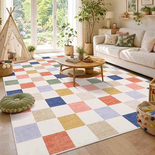 GarveeHome Checkered Colorful Rainbow 8x10 Area Rug for Living Room Washable Geometric Modern Soft Low-Pile Stain Resistant Kids Large Rug for Bedroom Non-Slip TPE Backing - color: Colorful, size: 8' x 10' (Rectangular)