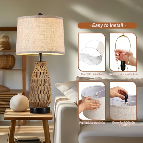 Boho Table Lamp Set of 2, 27" Handwoven Rattan Lamps with Fabric Shade, Bohemian Farmhouse Bedside Lamp Modern Wicker Lamps with Rotary Switch for Bedroom Living Room Nightstands Dorm Farmhouse Decor