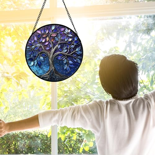DASTOLL Stained Glass Window Hanging, Blue Purple Tree of Life Sun Catchers Colorful Glass Panel Plants Suncatcher Decor for Birthday for Women,Men,Wife, Lovers, and Mom 7.8 in - color: Blue Purple, size: 7.8x7.8 IN
