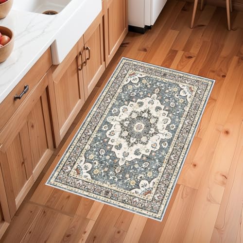 Washable Oriental Area Rug - 2x3 Rugs for Living Room Soft Carpet for Bedroom Waterproof Floral Distressed Indoor Stain Resistant Non-Shedding Floor Carpets (Blue, 2x3) - color: Blue, size: 2' x 3' (Rectangular)